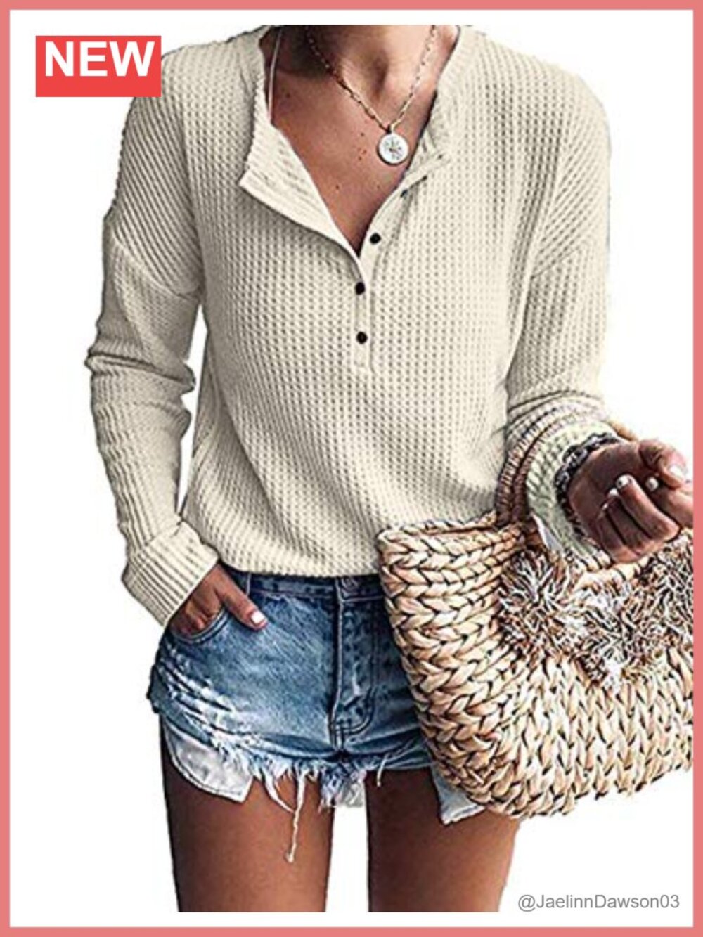 Waffle Knit Henley Tunic Top Long Sleeve Button Down Pullover